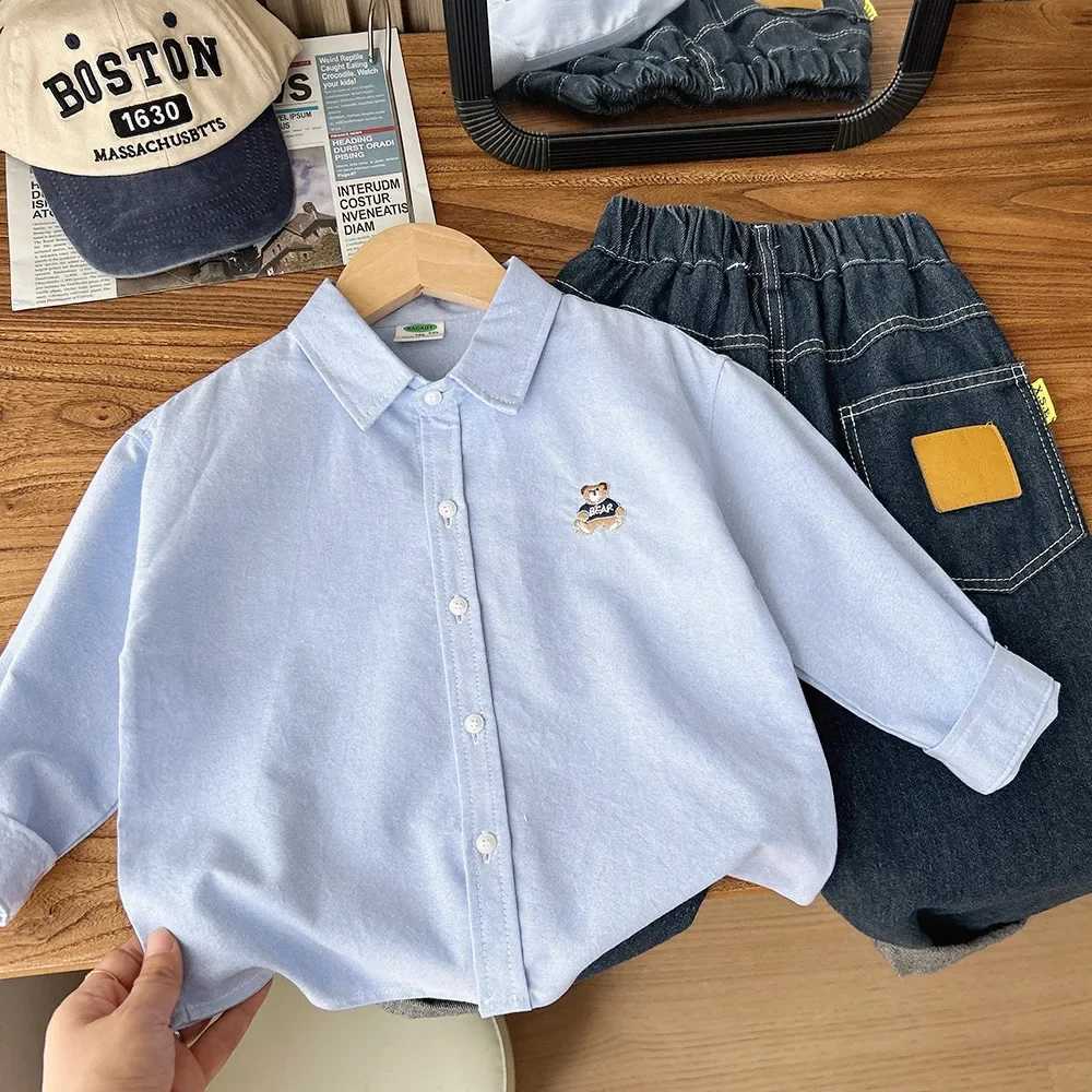 2025 Autumn Boys Striped Blouse Shirt Long Sleeve Embroidery Bear Casual Top for Kids 4-14 Years New Cool Cotton Blend 100-150 X250806