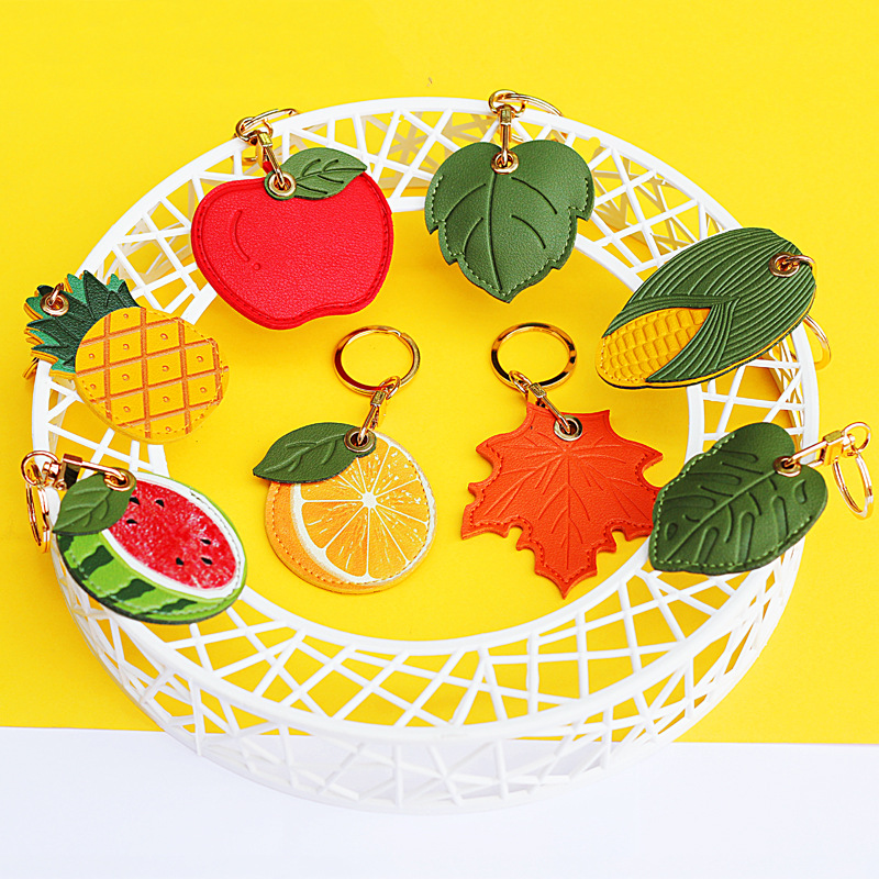 Cute Vegan Leather Keyring with Fruits and Leaves Design