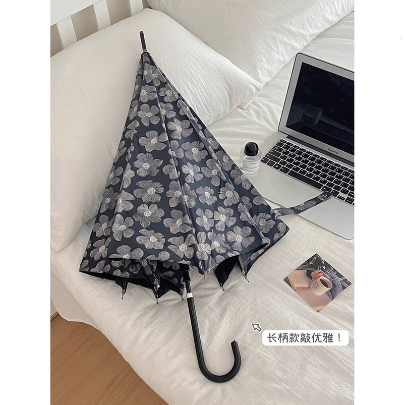 Msho Abstinence Style High-Value Black Flower and Rain UPF50+ Long Handle for Women Foldable Protection UV Sun Umbrella