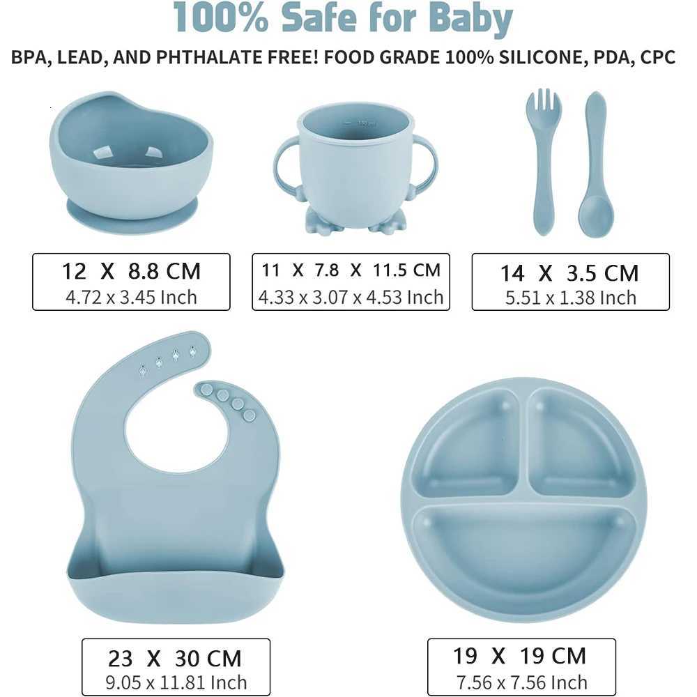 Childrens Dishes Set Baby Silicone Tableware 6PCS Set Sucker Bowl Bib Cup Fork Spoon Set Maternal and Infant Supplies BPA Free X250806