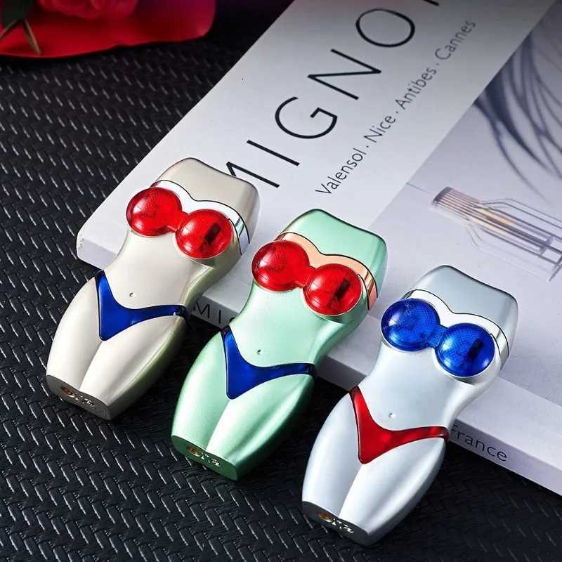 Fashionable Glowing Bikini Beauty Lighter Windproof Straight Blue Flame Inflatable Lighter Smoking Gadgets For Men Gifts Z250806