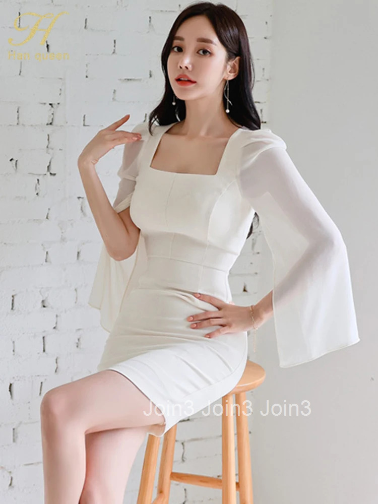 Autumn Vestido Korean Elegant Sexy White Fashion Flare Sleeve Work Party Dress Women Sexy Sheath Pencil Dresses