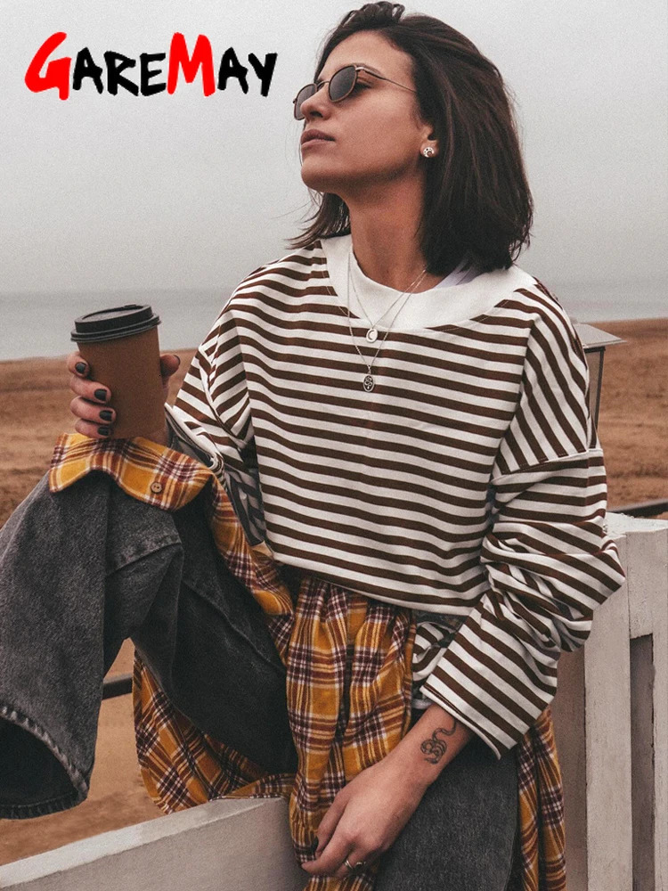 Womens Striped T-shirt 95% Cotton Oversized Black and White Casual Basic Long Sleeve Top Vintage Casual T-shirts for Women 250804