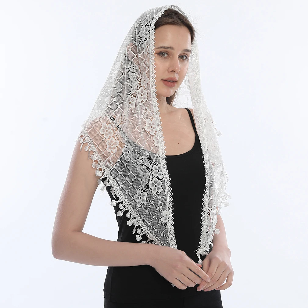 Fashion Church Shawl Lace Veil Polyester Scarf Bandana Church Prayer Wedding Mantilla Chapel White Embroidered Hijab Women Scarf 250806