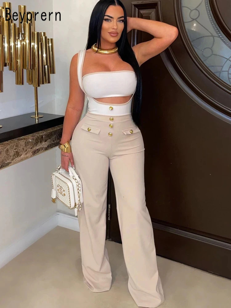 Beyprern Elegant Womens Suspender Jumpsuits Two-Piece Outfits Glam Fitted Button Details Wide Legs Long Pants Jumpsuit Clubwear 250804
