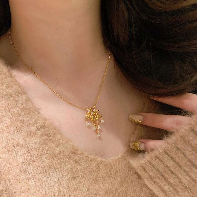 Light Vintage Style Fireworks Tassel Necklace Earrings Ultra Shiny Inlaid Zircon Elegant High-Value Jewelry Set