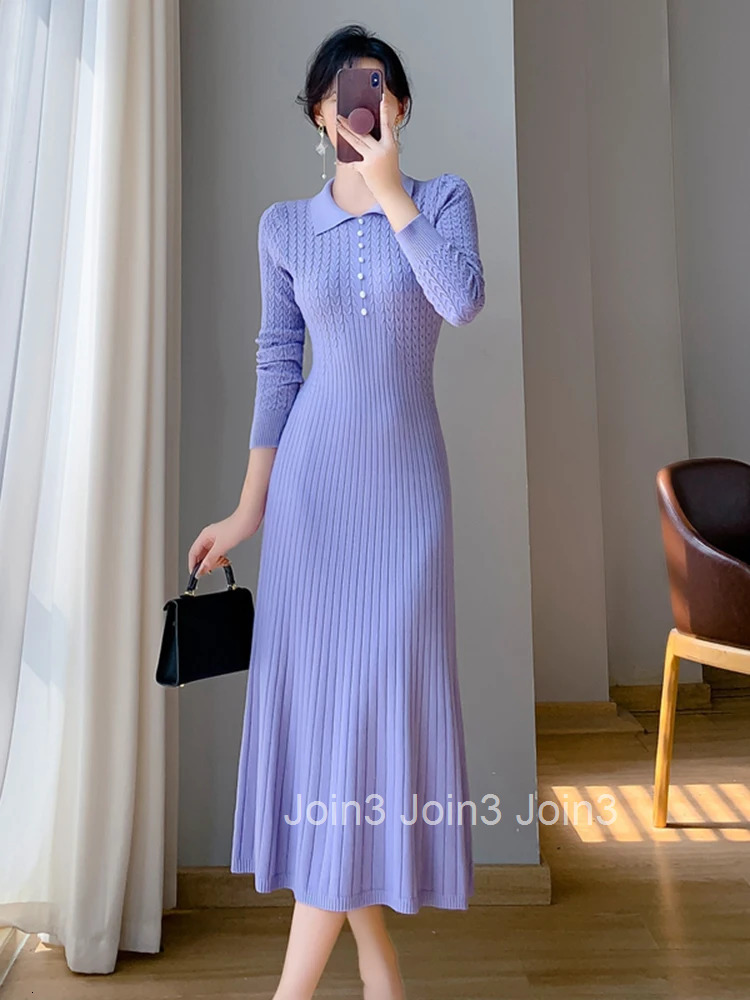 New Autumn Winter Sweater Dress Women Purple White Or Black Buttons High Waist A Line Elegant Knitted Dresses Female