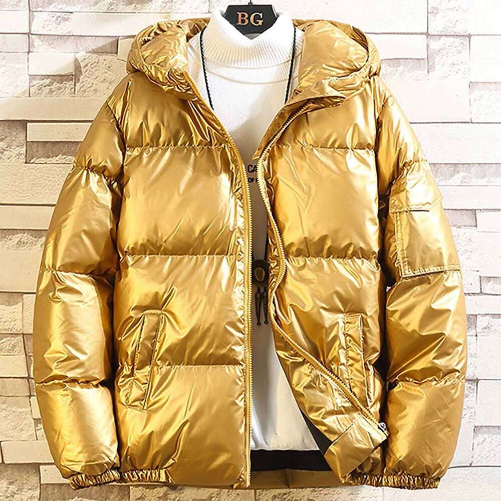 Men's Winter Parkas Solid Color Casual Glossy Warm Down With Hood Fashion Zipper Fleece Lined Puffer Outwears Jacket