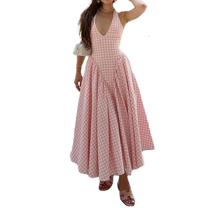 Spring New Women's Fashion Elegant Waist-Exposing Halter Neck V-Neck Fashionable Waist-Cinching French Dress 661 B5