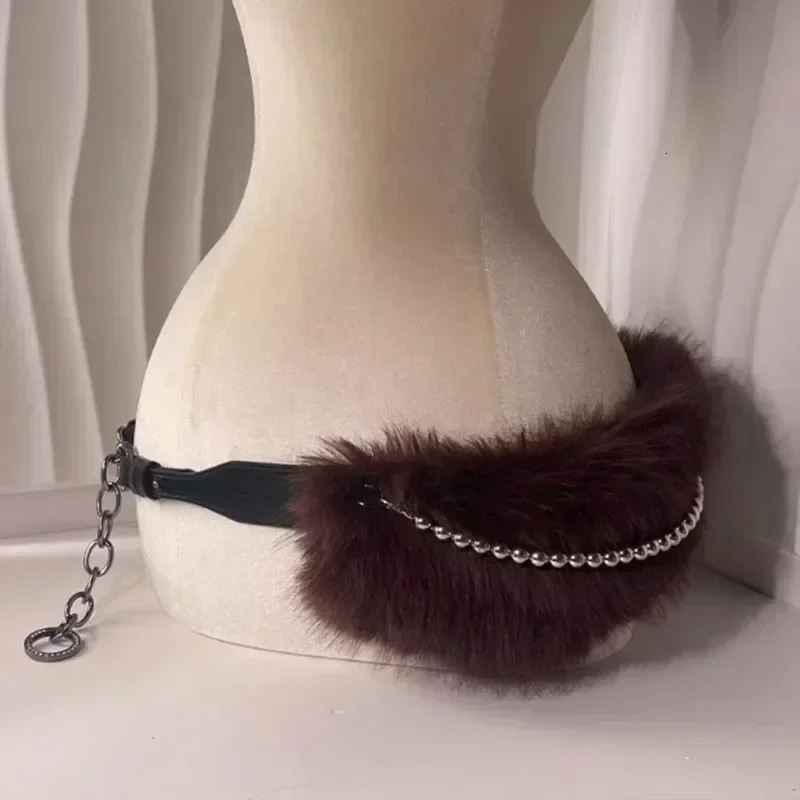 Vintage Faux Fur Belts Y2K Metal Bead Chain Plush Waist Chain Furry Fur Sexy Cowgirl Waistband Punk Belt Jeans for Night Club 250814ww