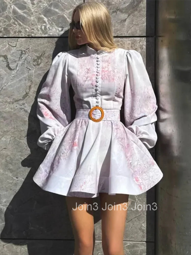 Elegant Printed Short Dress Women With Belt Single Breasted O-neck Long Sleeve A-line Dresses Fashion Party Vestidos Lady
