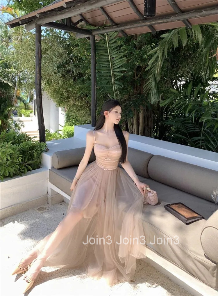 Woman Dress Bow Sleeveless Slash Neck Mesh Patchwork Princess Sweet Elegant Summer Fashion Party Dresses Female