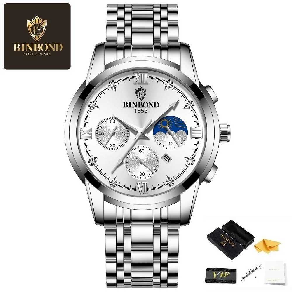 BINBOND New Mens Top Luxury Business Waterproof Luminous Hands Display Date Stainless Steel Strap Quartz W250806
