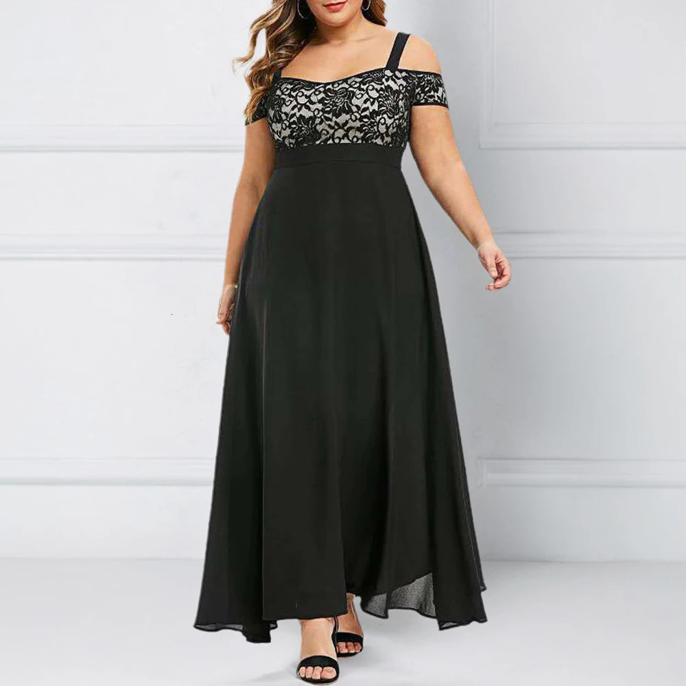 Plus Size Women Elegant Lace Off Shoulder Bandeau Chiffon Maxi ALine Dress Ladies Evening Party Cocktail Ball Gown 1XL6XL 250724