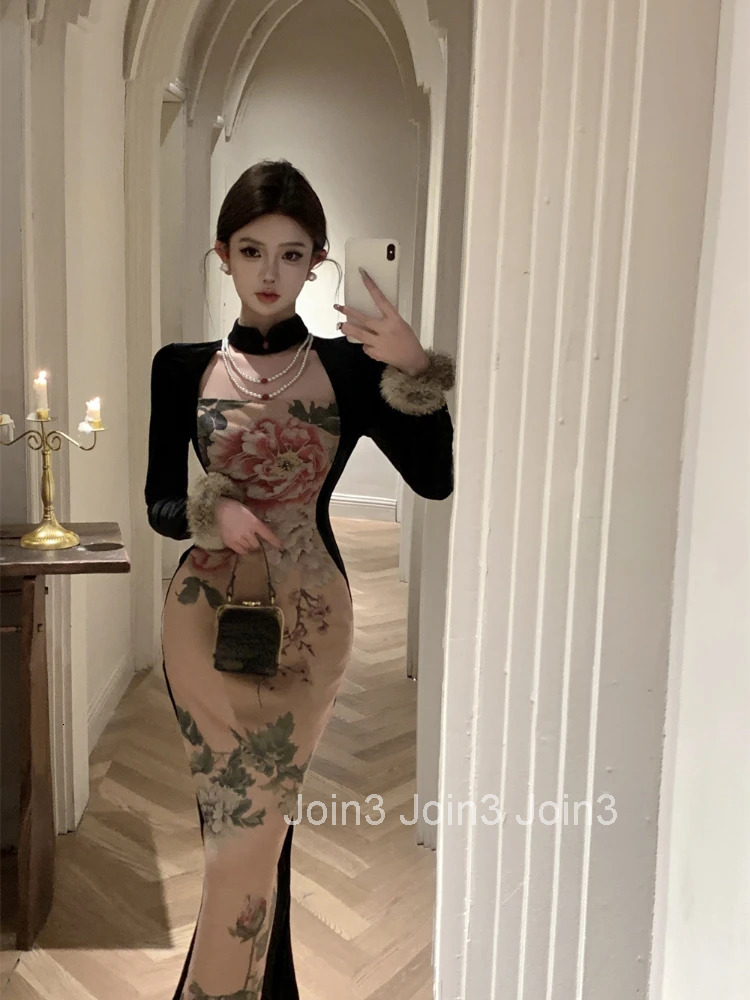 Vintage Dresses Women Floral Printed Stand Collar Long Sleeve Patchwork Slim Elegant Dress Ladies Temperament Chic