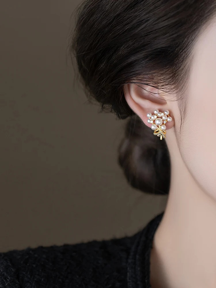 French n fashion jewelry 14K gold plated pearl zircon bouquet earrings elegant womens daily work accessories 250805