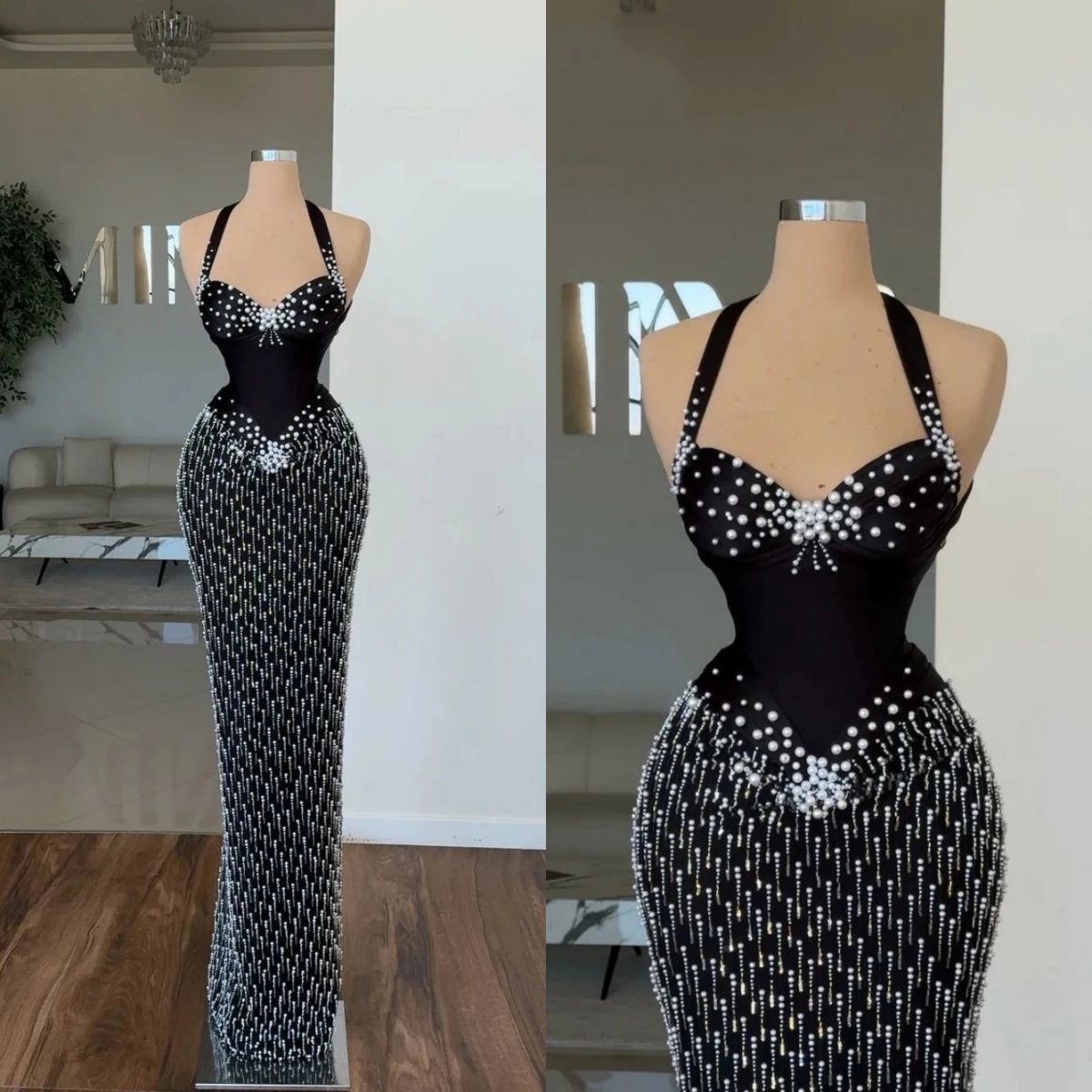 Fashion Evening Dresses For Women Halter Sweetheart Neck Sleeveless Gown Pearls Beaded Floor Length Dress Party Customized Dress