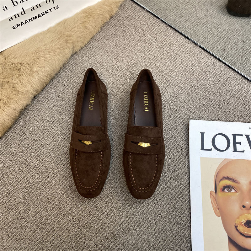 2025 New Women's Flat Flat Dress Shoes Fashionable and Comfortable Brown Black British Style Suede Leather Shoes
