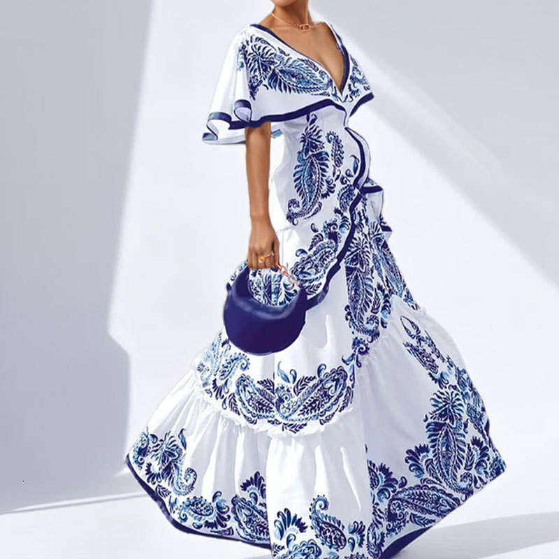 Spring New Women's Fashion Pastoral Style V-Neck Waist-Cinching Flared Printed Dress B5