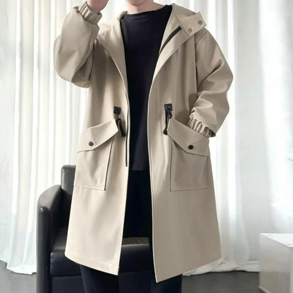 Zippered Long-sleeve Coat for Men Streetwear Mens Trench Coat with Hood Mid-length Big Pockets Windproof Anti-wrinkle Zipper 250805