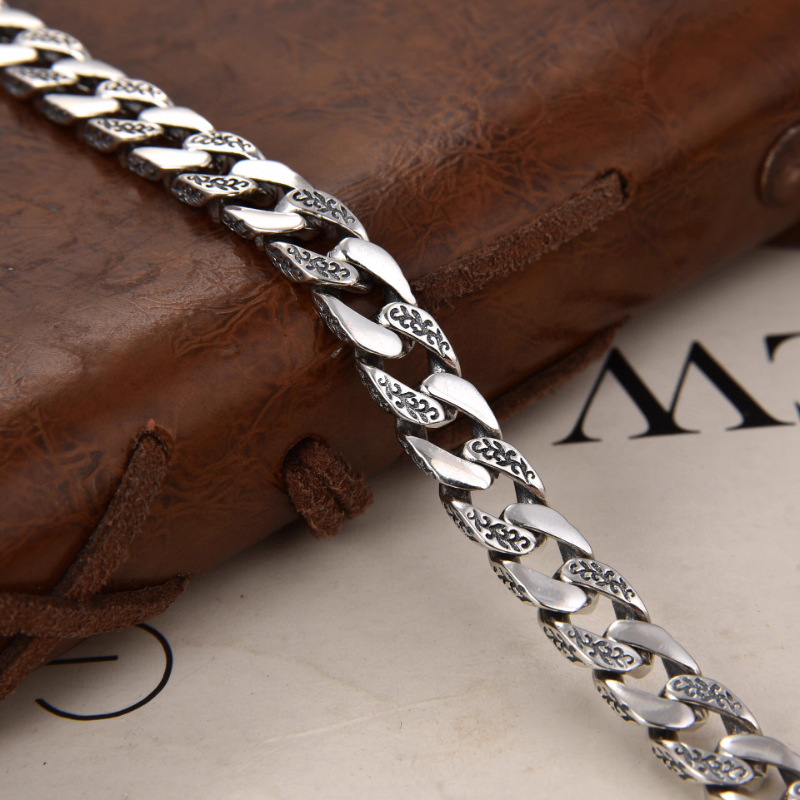 Retro Silver Made Old Cuban Bracelet Men's the Year of the Loong Gift Magnificent Simple Tang Grass Pattern Chain Width 7mm Factory Direct Sale
