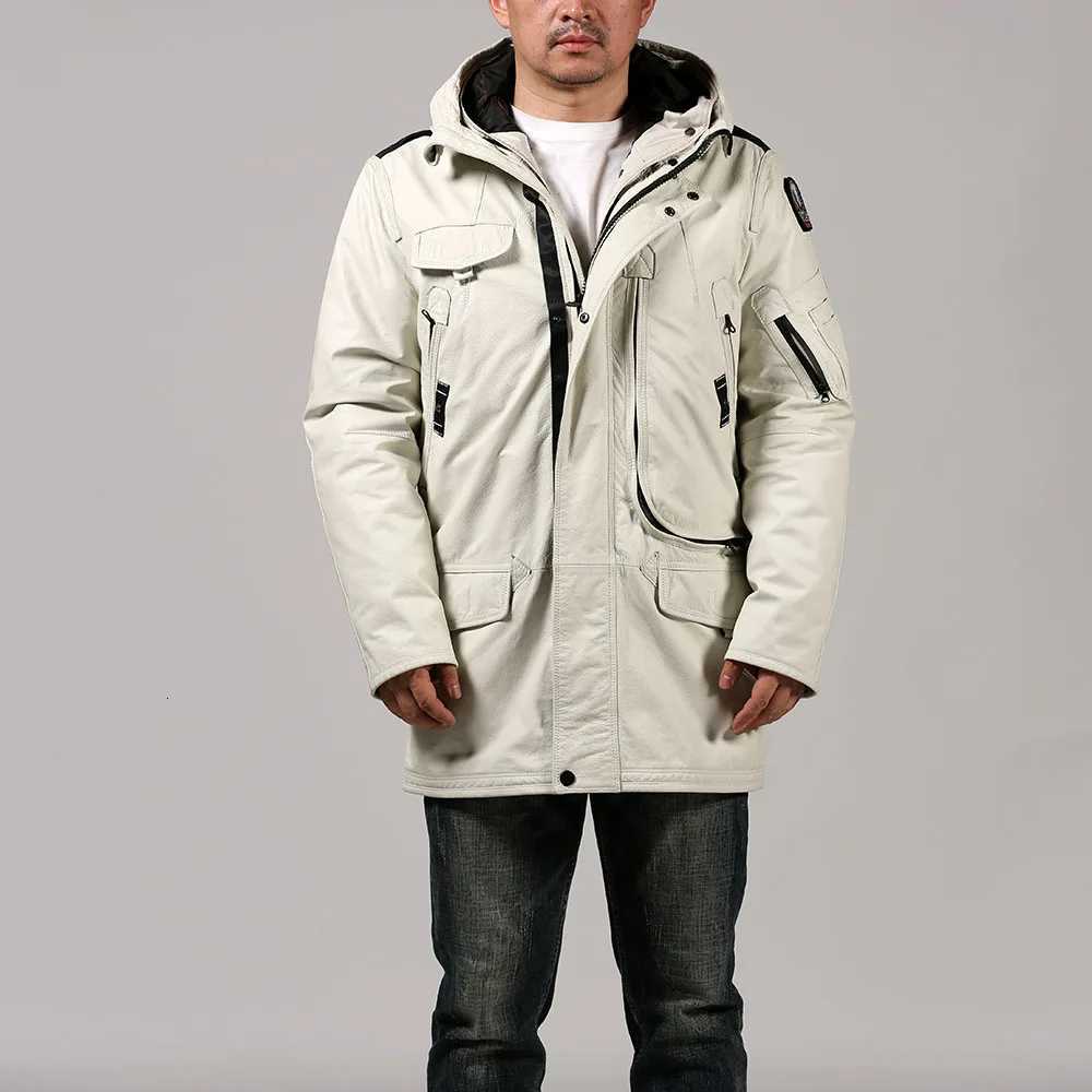 200g down filling capacity 90% down content long leather down jacket for men mountaineering ski clothing cowhide leather jacket W250806