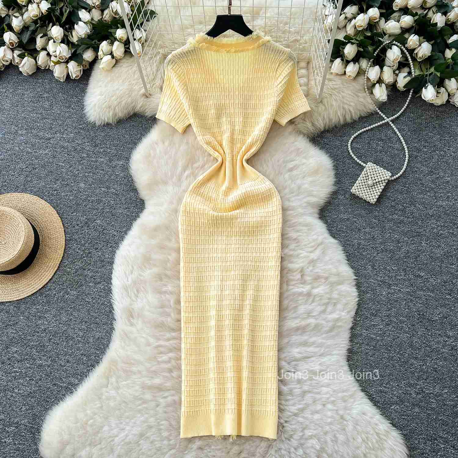 Womens Fashion V-Neck Button Knit Sweater Dress Summer Elegant Short Sleeve Solid Color Midi Casual Sheath Dress Yellow