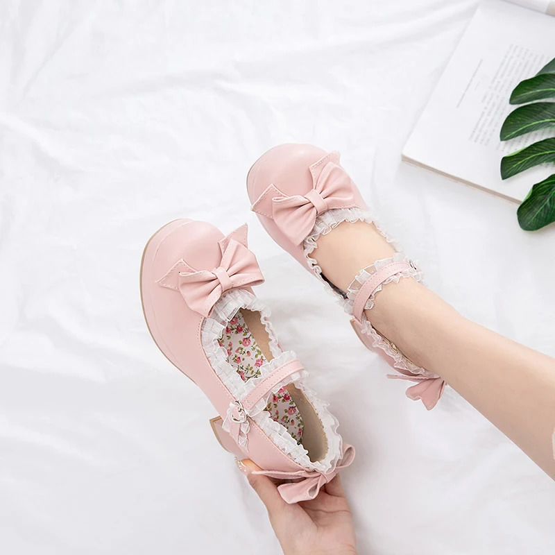 Girls Sweet Lolita Ruffles Bowknot Lace Bridal Wedding Shoes Women High Heel Bordered Princess Dress Men Pink Plus Size 33-48 250731