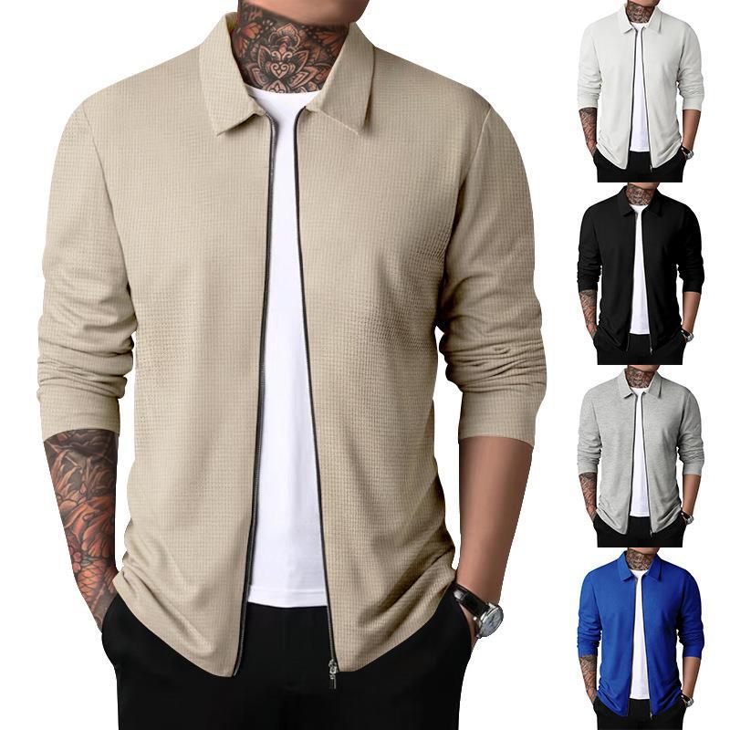 2025 Men's Autumn New Youth Waffle zipper lapel Slimming cardigan Jacket European code: S-3XL