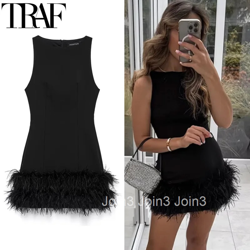 TRAF Womens Dress Feathers Sleeveless Mini Dress Elegant Black Short Dresses Bodycon Party Dresses Woman Vest Christmas Dress