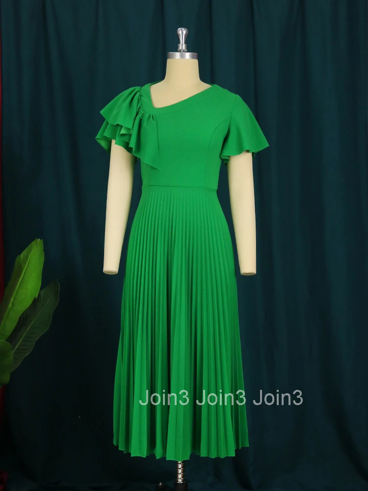 Women Pleated Midi Dresses Short Sleeve Ruffles Elegant Green Yellow A Line Spring Summer Chic Fashion Gown Party Birthday Robes