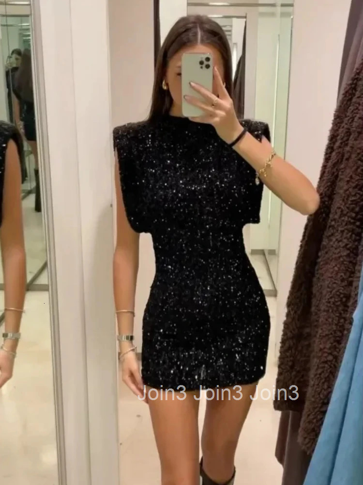 ZBZA Womens Shoulder Padded Sequin Dress Solid Sleeveless Hidden Zipper High Waisted Elegant A-line Mini Skirt New Female Dress