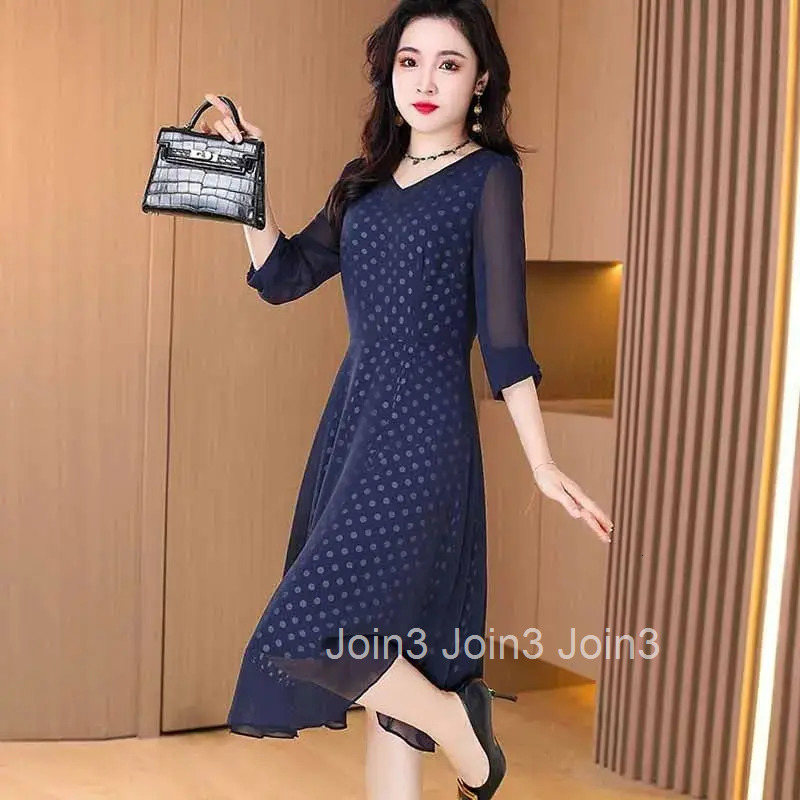 Elegant V-Neck Printed Spliced Chiffon Polka Dot Midi Dress Womens Clothing Spring Summer New Loose Chic Ladies Dresses