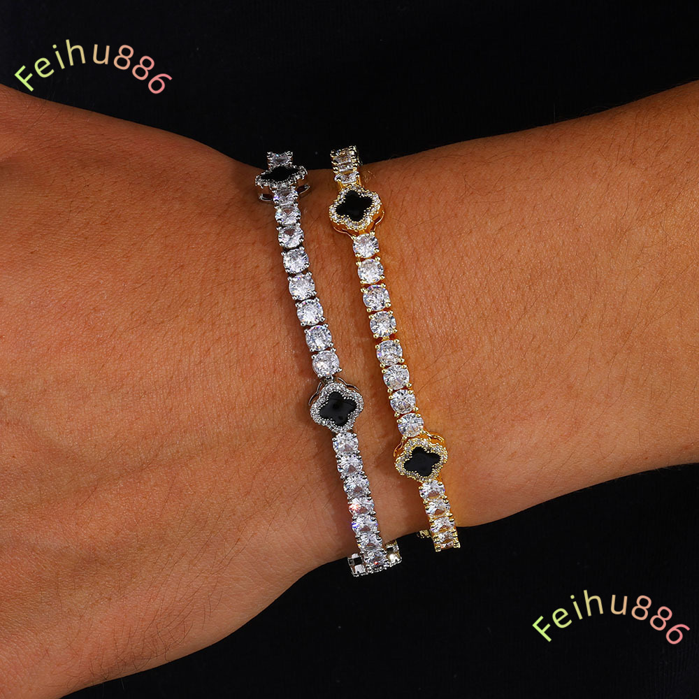 New Arrivals Unisex Iced Out 925 silver Moissanite Tennis Four-leaf Clover Bracelet Hip Hop Style with Gold Plating for Parties