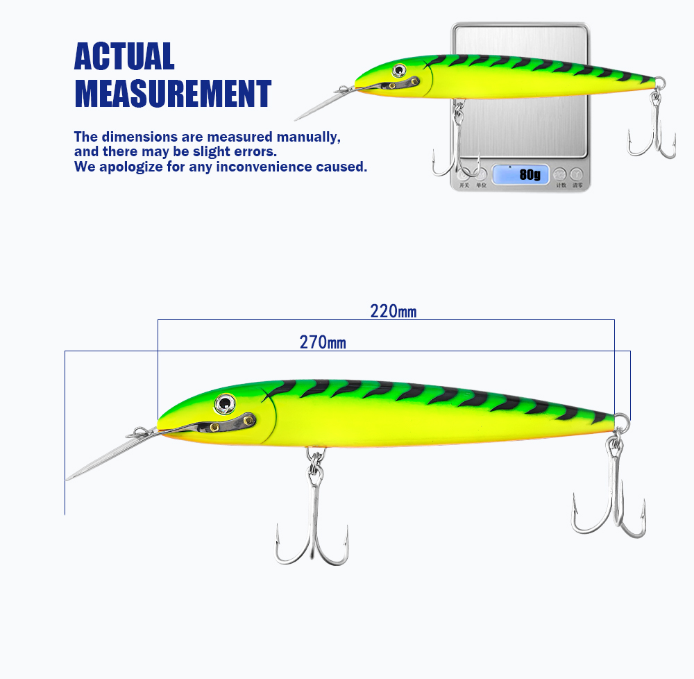 Seasky Metal Tongue Minnow Bait - Large Trolling Lure with Realistic 3D Eye for Saltwater Fish 80g 185mm Hard bait
