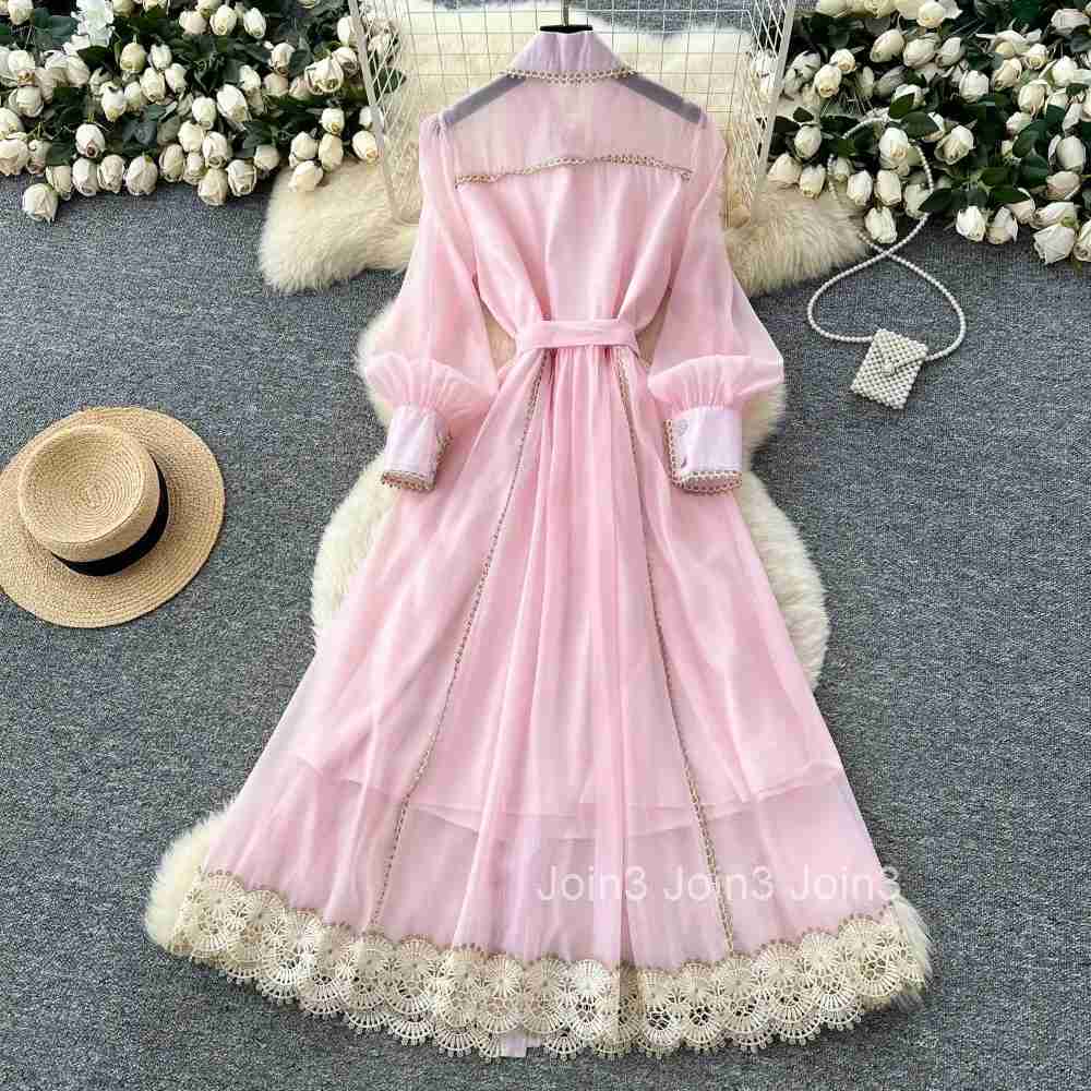 Vintage Elegant hollow out lace Dress Chic A-line Fashion Spring Long Sleeve Vestidos Women Dress