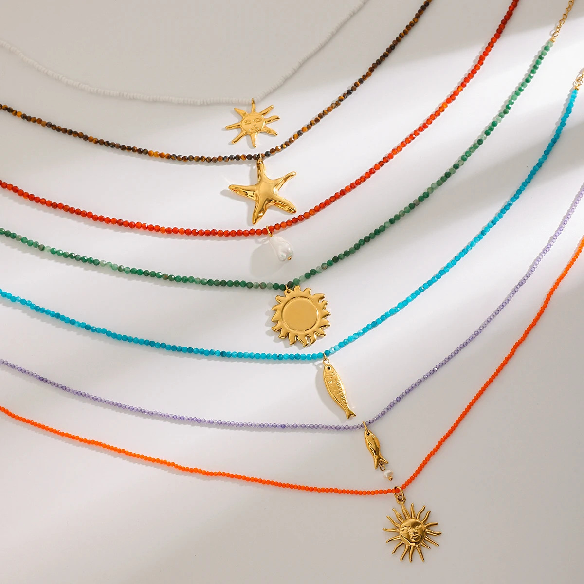 Uworld Beach Ocean Vacation Style 18K Gold Color Stainless Steel Sun Starfish Pendant Necklace Natural Stone Bead Necklace Women 250806