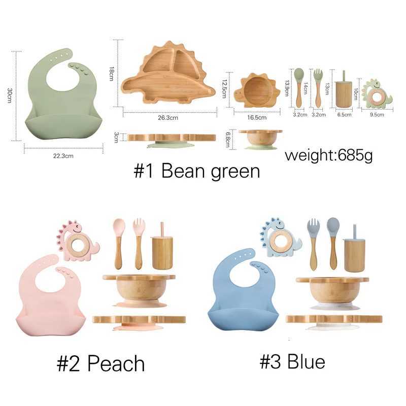 Baby Wooden Tableware Feeding Set Bamboo Dinosaur Plate Bowl Silicone Wooden Handle Fork Spoon Baby Dinnerware Feeding Supplies X250806