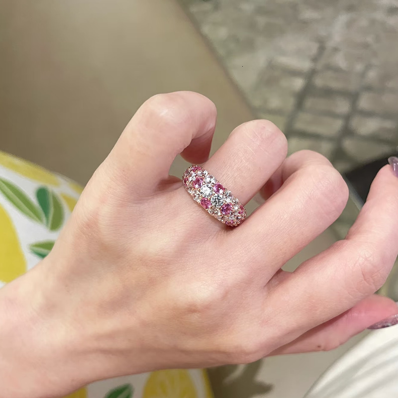 Hui Zhi Wing Jewelry Live New S Silver Half Circle Full Inlaid Intermete mond Ring for Women Pink Starry Sky