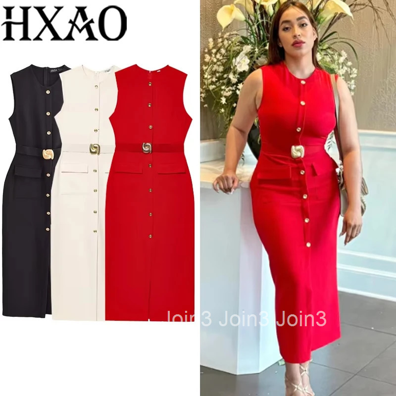 HXAO Red Black Womens Dress Sleeveless Casual Elegant Woman Party Dress Summer Belt Button Long Dresses Tank Midi Dress 088