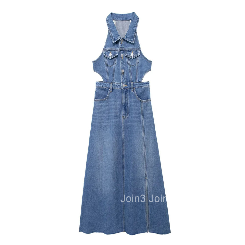 ZAR4 Summer New Womens Fashion and Elegance Royal Sister Vacation Style Hollow Split Denim Dress