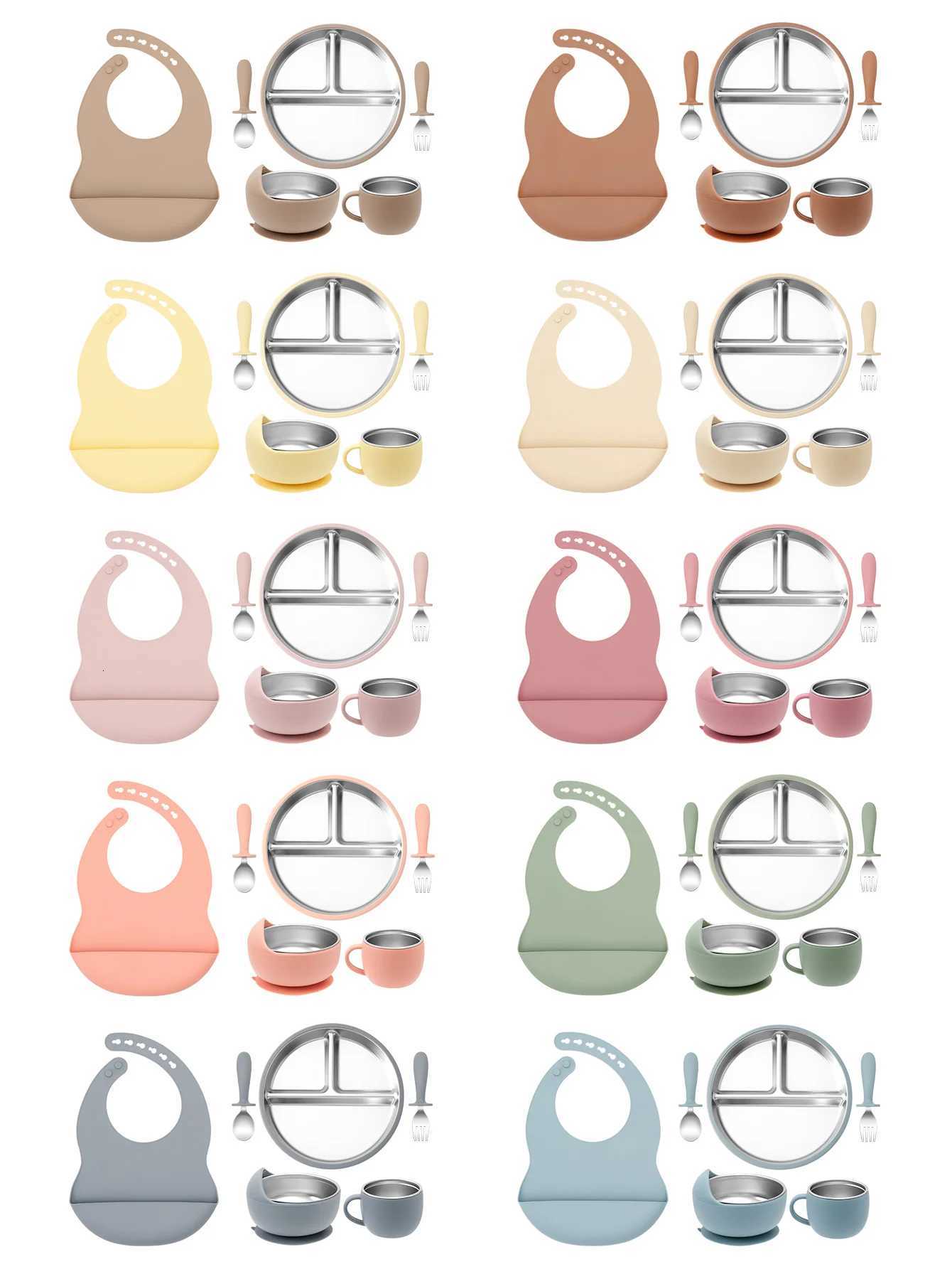 6PCS Stainless Steel Detachable Dishes Plate Baby Feeding Set BPA Free Silicone Bowl Cup Fork Spoon For Infant Training Gifts X250806