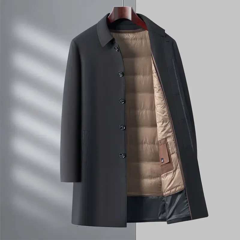 Winter Luxury Down Jacket Mens Long Business Casual Detachable Lining White Duck Down Warm Coat Male Brand Lapel Trench Coat W250806