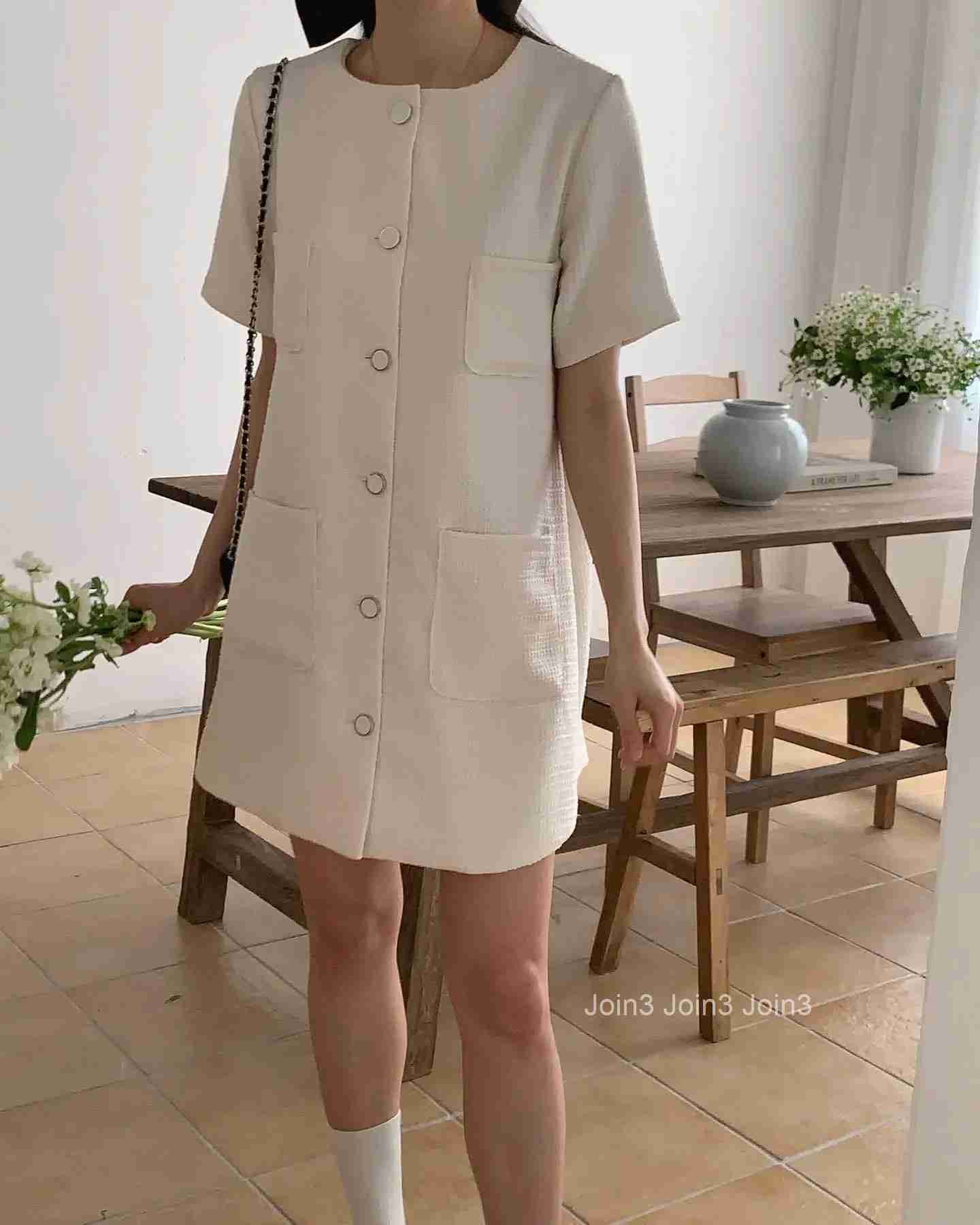 New Spring Summer Sweet Tweed Short Dress Round Neck Short Sleeve Korea Chic Women Dress Button Fashion Female Clothing