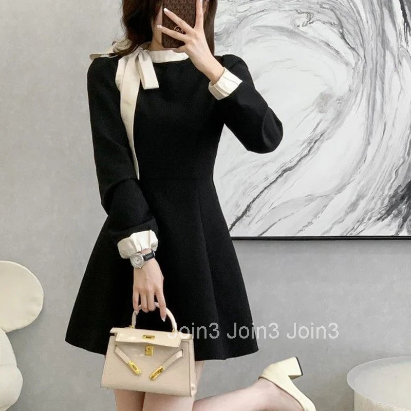 Hot Sale Women Chic Elegant Formal Occasion Mid-Length Dress Autumn Lady Korean Style Designer Bowknots Long Sleeves Dress