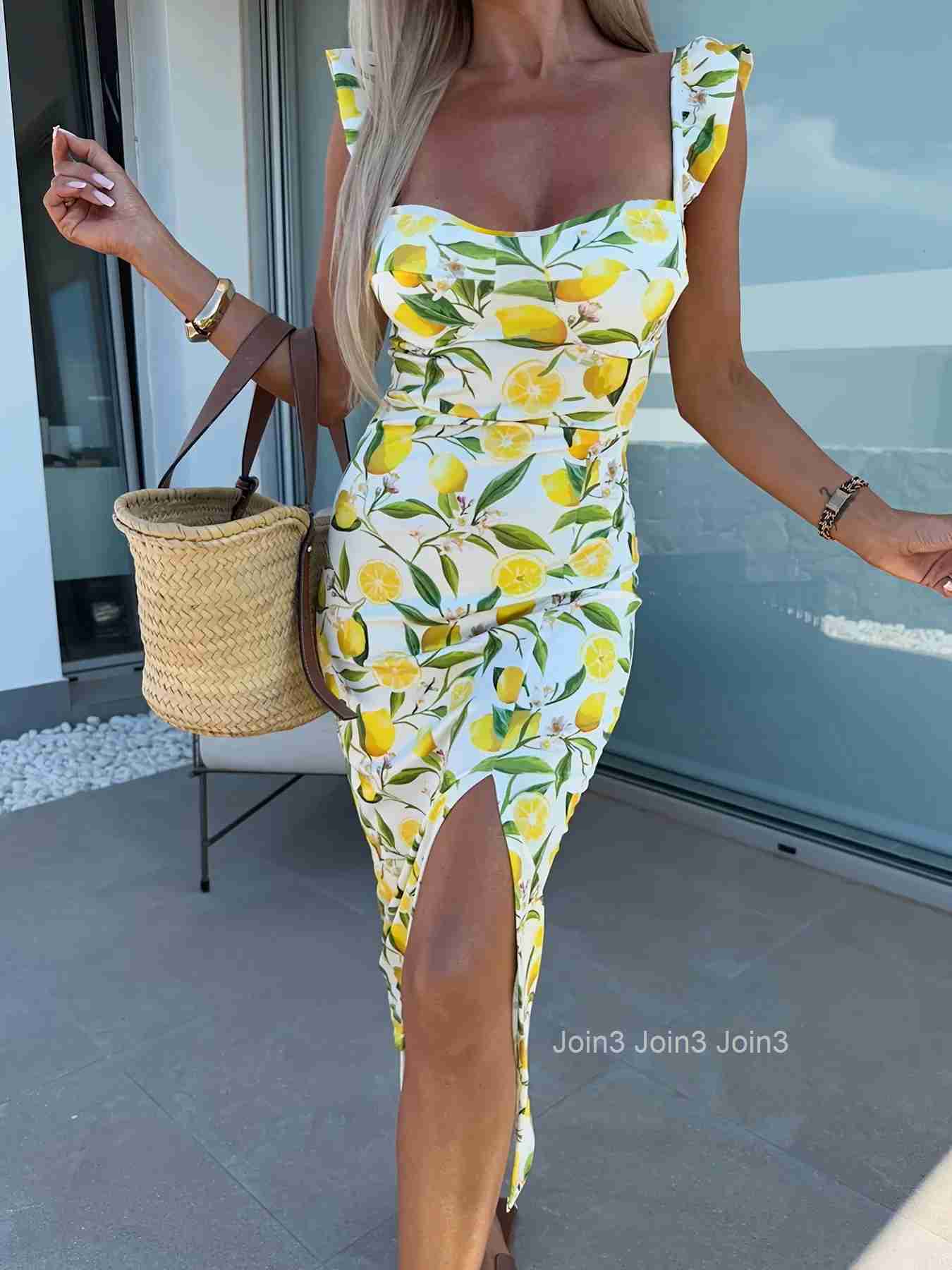 New European and American summer elegant design French lemon suspender slit midi-length ladies dress