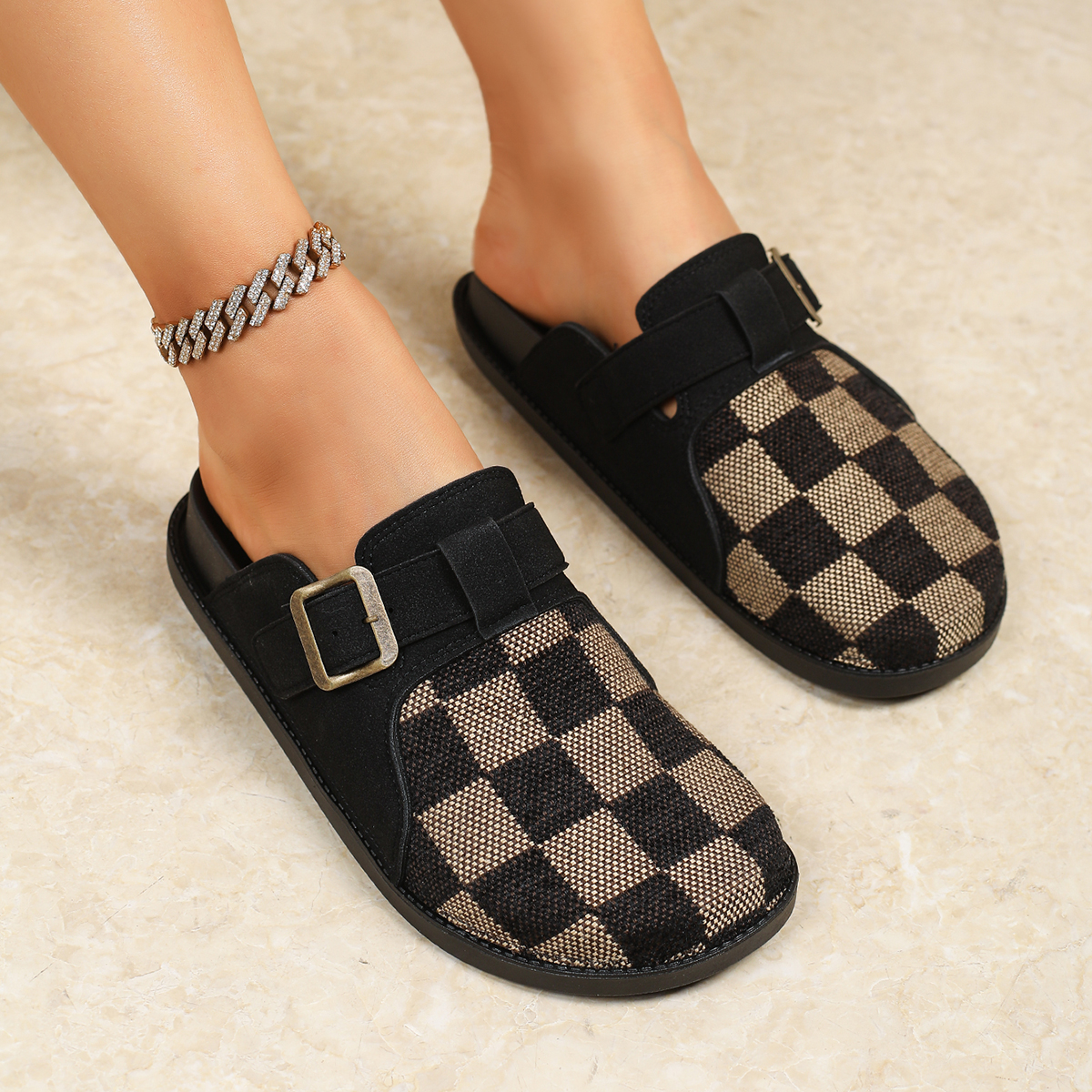 Slippers Women's Checkerboard Print Mules - Casual Buckle Strap Slip-On Shoes with Multiple Colors