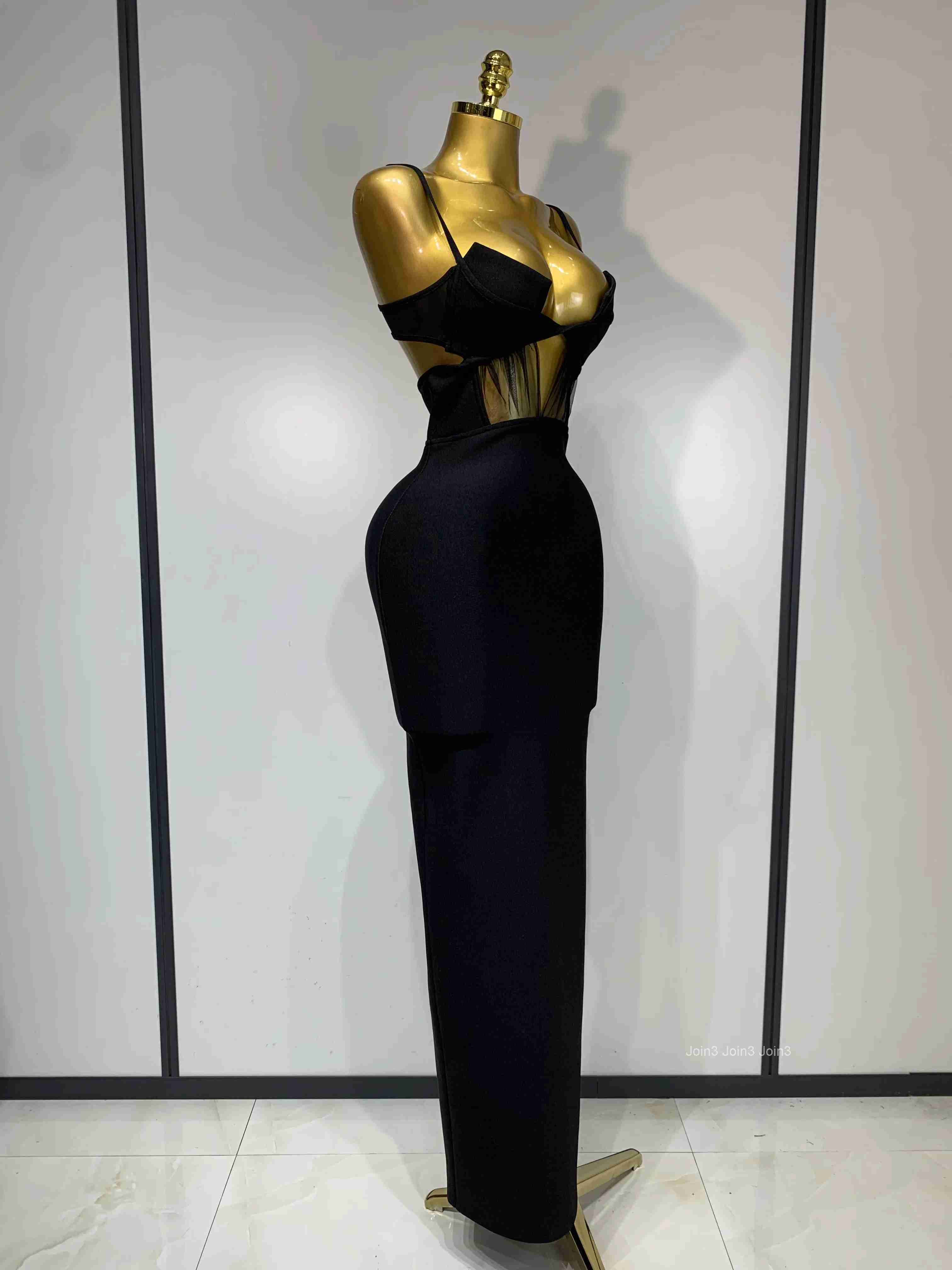 Fashion Black Spaghetti Strap Maxi Long Bandage Dress Mesh Cut Out Elegant Celebirty Bodycon Evening Club Party Birthday Dresses