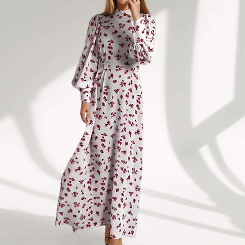 Women's Fashion Elegant Temperament Stand Collar Floral Lantern Sleeve Dress B5