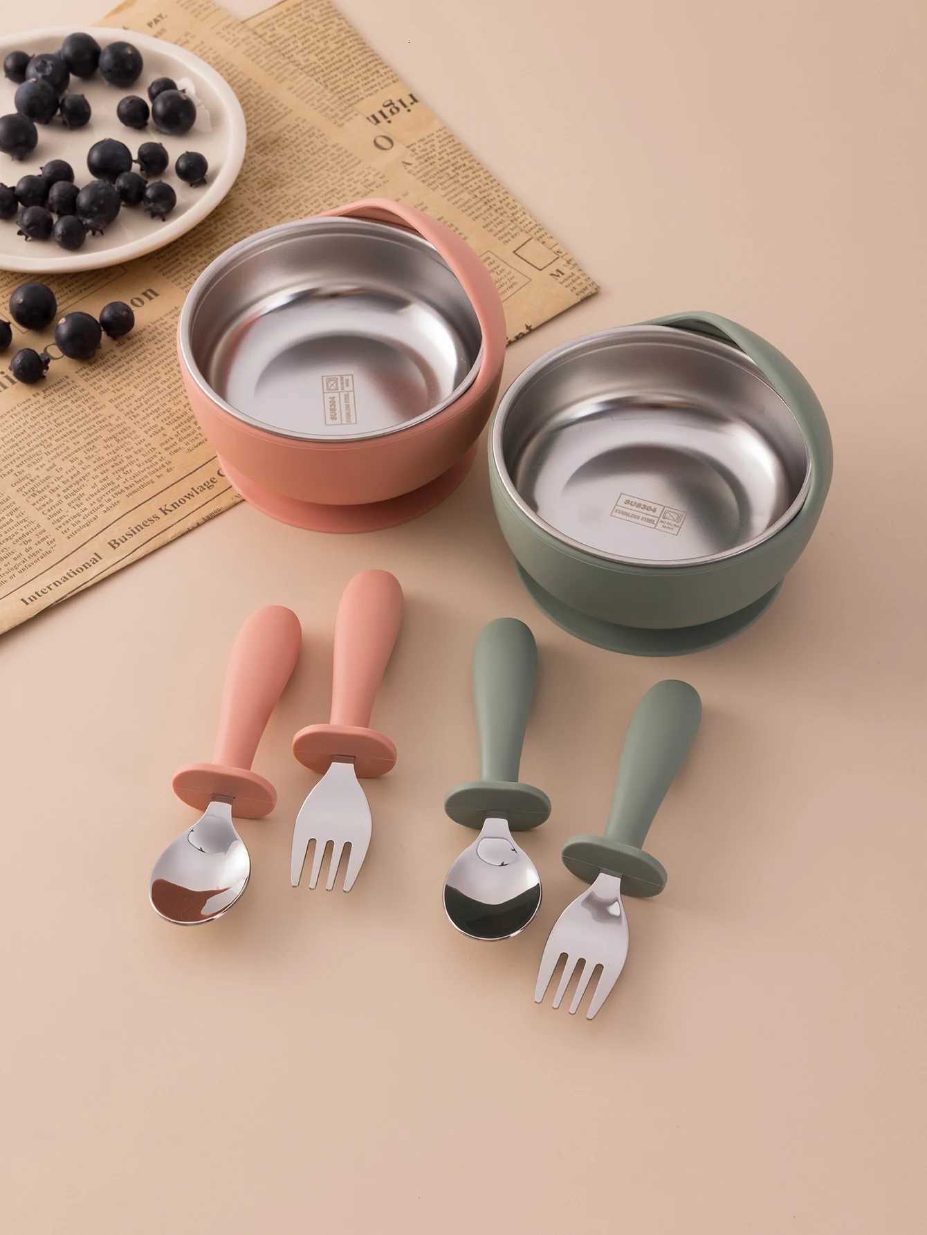 3PCS Baby Feeding Stainless Steel Bowl Fork Spoon Set Detachable Design Silicone Weaning Tableware BPA Free Training Utensils X250806